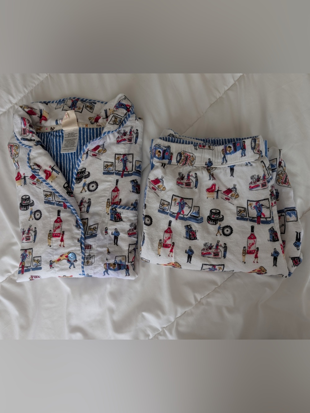 munki munki White Racing Print Pajama Set with Blue Trim